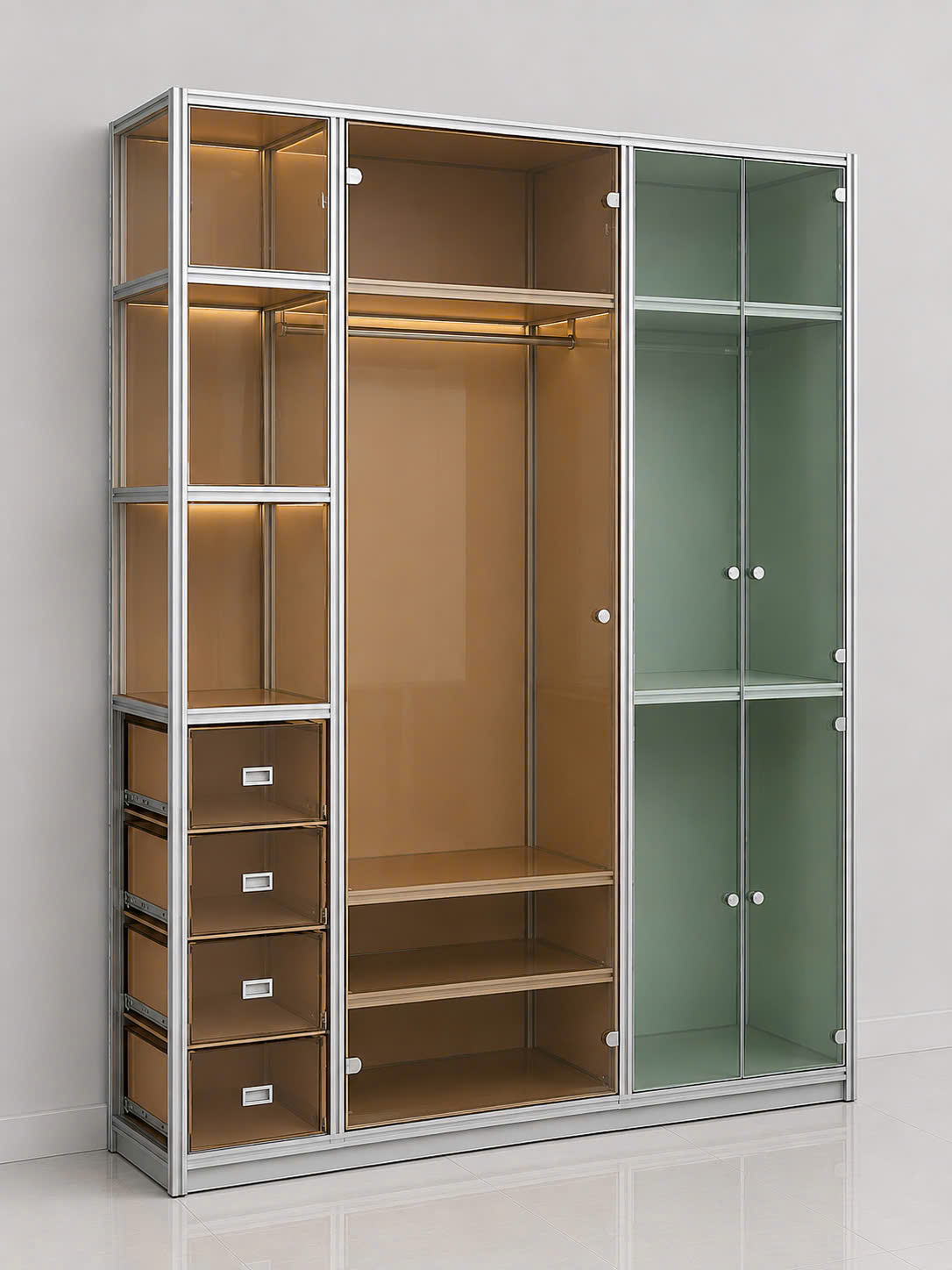 Kệ nhôm định hình – Khách mua về tự ốp mica, ốp gỗ, đẹp lung linh