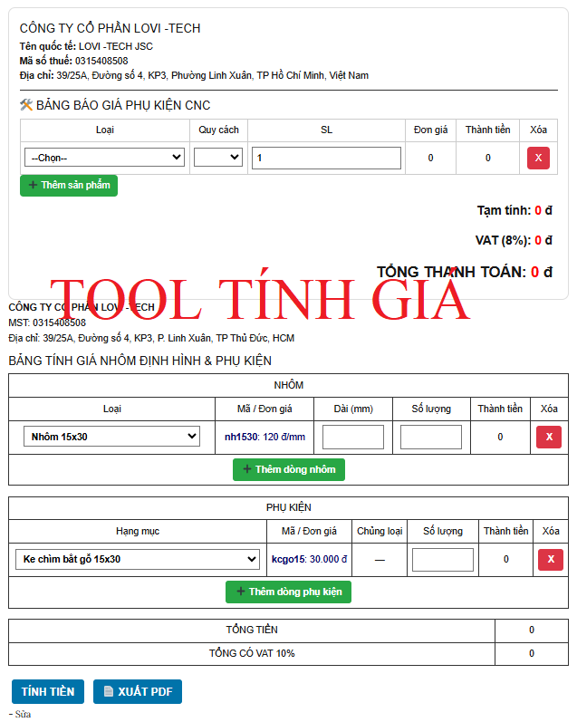Tool Tính Giá Nhôm Định Hình & Phụ Kiện – Tool Tính Giá Phụ Kiện CNC