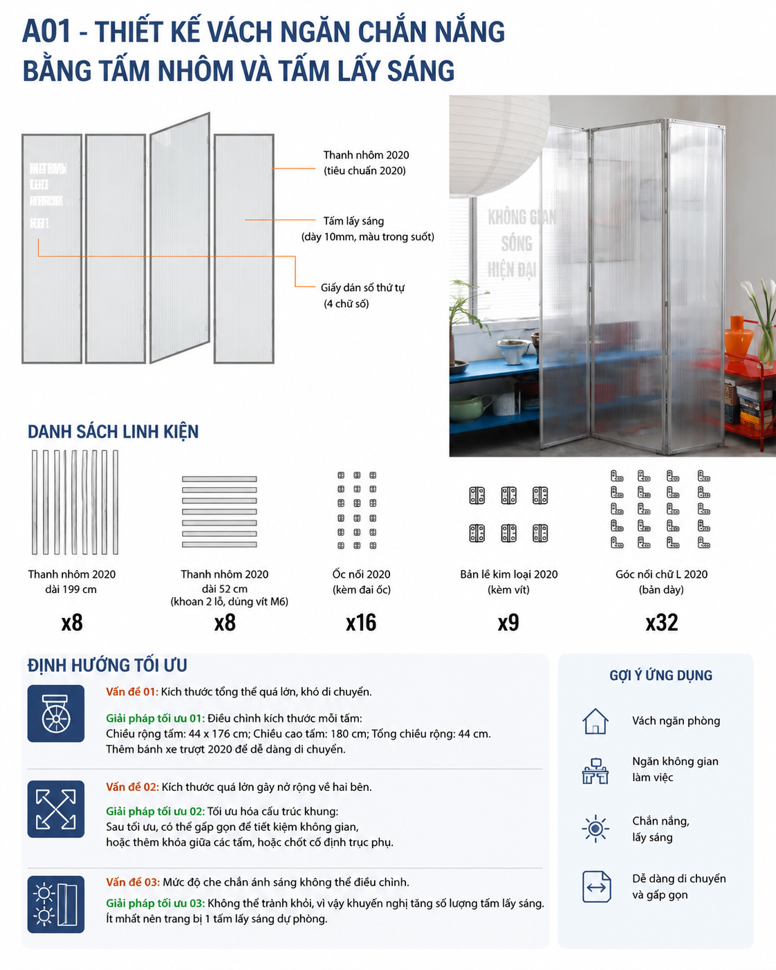Vách ngăn nhôm định hình 2020 kết hợp tấm lấy sáng – Thiết kế DIY linh hoạt